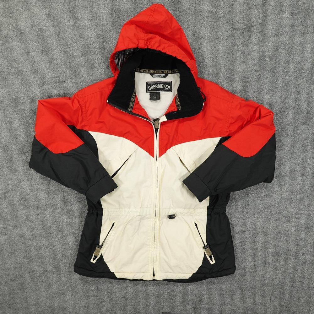 Vintage Obermeyer Jacket Womens 12 Red Colorblock Ski Hooded Parka Dynamic 90s